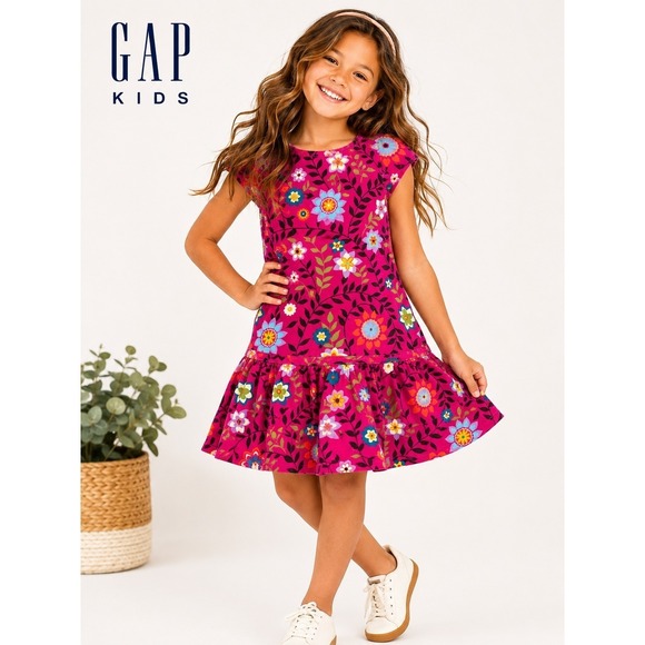 GAP Other - Gap Kids Pink Floral Corduroy Dress Girls Medium Bright Boho Peplum
